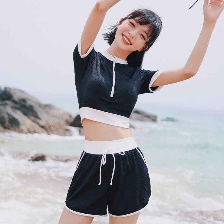 フィットネス水着レディースセパレート体型カバー水着ママ水着大きいサイズ3L4L5L6Lかわいい女性用レイヤード風ショートパンツ水泳帽ラッシュガード3点上下セット無地パッド付小胸盛れる黒ボタニカルオトナ女子ママ水着ぽっちゃり露出控えめ