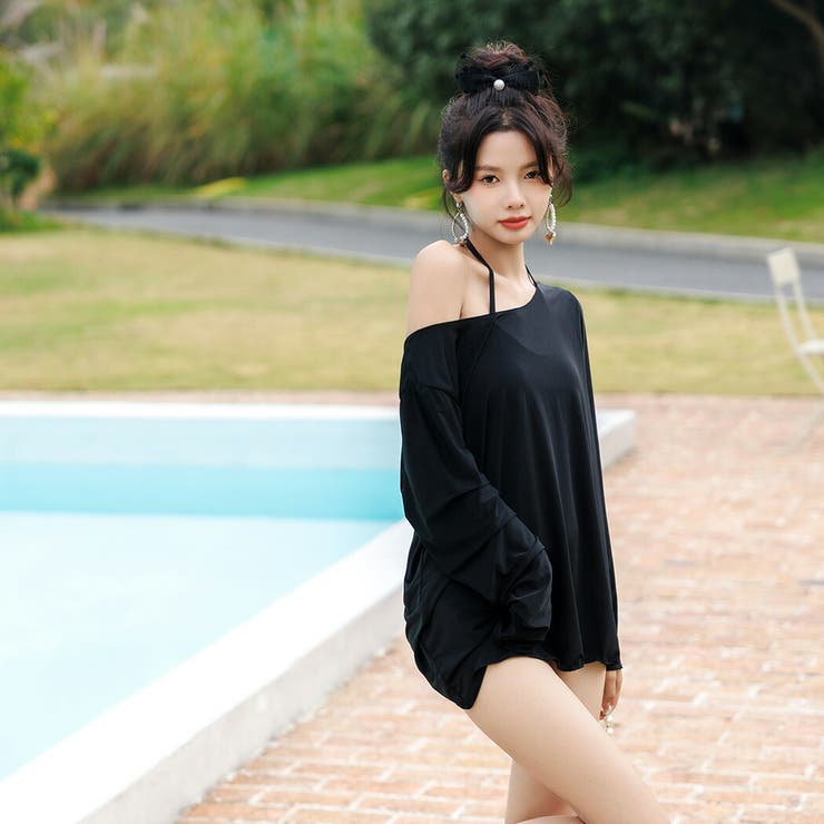 水着レディース体型カバー長袖トップス3点セット黒ビキニラッシュガードセパレートおしゃれかわいいオープンショルダー紐アレンジカットアウトバックシャンノンワイヤーパッド付き二の腕ウエストお腹ヒップお尻カバーアップ日焼け対策