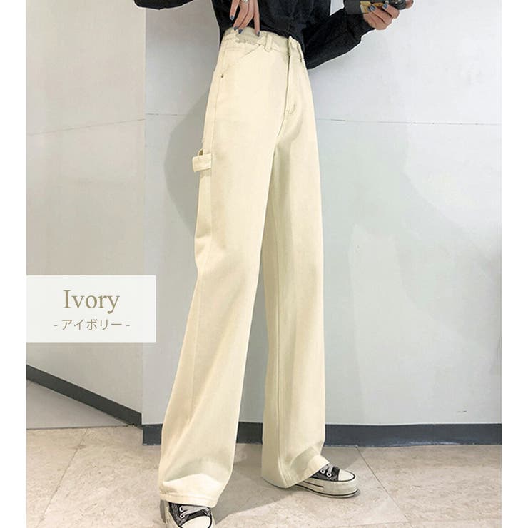 韓国コーデ　アイボリー　ワイドパンツ　L　クリーム色　ワイドパンツ ワイドパンツ ワイドデニム デニムパンツ[品番：TY000006190