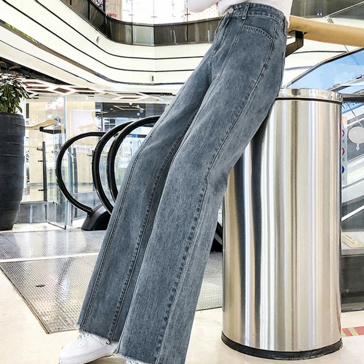 カットオフデニムセンターラインレディースボトムス大きいサイズおしゃれ春秋冬ジーンズハイウエストきれいめ定番デニムパンツワイドデニムシンプル無地ポケット美脚脚長カジュアルストリートモードスタイルアップ細見え裾切りっぱなし抜け感