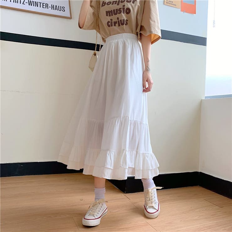 ティアードスカートロング春夏レディースボトムスかわいいおしゃれミモレ丈ロングスカートフレアスカート黒無地シンプルAラインゆったり薄手裏地あり膝丈ウエストゴムリラックスカジュアルガーリーフェミニンラフ普段着デートお出かけ