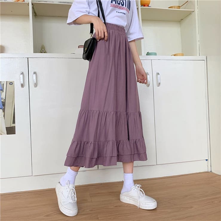 ティアードスカートロング春夏レディースボトムスかわいいおしゃれミモレ丈ロングスカートフレアスカート黒無地シンプルAラインゆったり薄手裏地あり膝丈ウエストゴムリラックスカジュアルガーリーフェミニンラフ普段着デートお出かけ