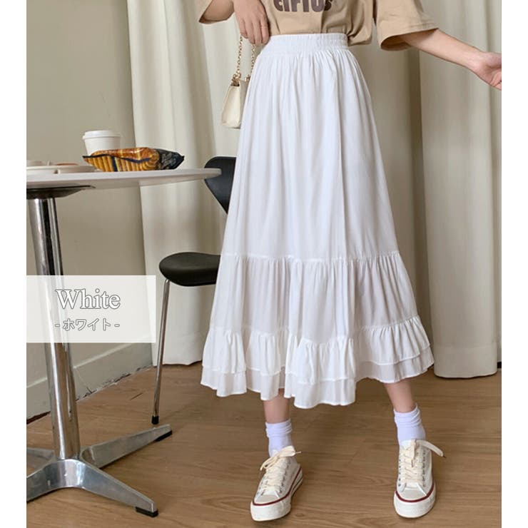 ティアードスカートロング春夏レディースボトムスかわいいおしゃれミモレ丈ロングスカートフレアスカート黒無地シンプルAラインゆったり薄手裏地あり膝丈ウエストゴムリラックスカジュアルガーリーフェミニンラフ普段着デートお出かけ