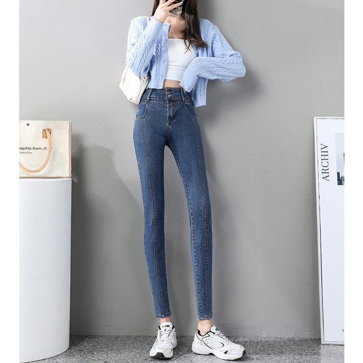 デニムレディーステーパードパンツ秋冬春夏ボトムスデニムパンツパンツズボンジーンズポケットカジュアル無地シンプルおしゃれ薄手普段着通勤通学ゆったりハイウエスト脚長効果フロントボタンファスナー10分丈ロングシーズンアメカジ