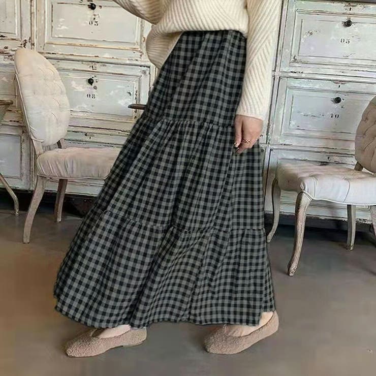 スカート秋冬チェックロングレディースウエストゴム黒ティアードスカートゆったり裾切り替えギャザーマキシスカートフレアスカートカジュアル可愛いお洒落普段着着回しOL通勤ママオフィスお出かけデート定番ベーシックロンスカギンガムチェック