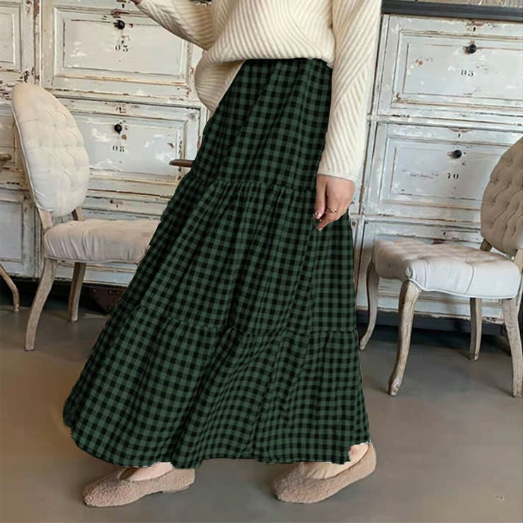 スカート秋冬チェックロングレディースウエストゴム黒ティアードスカートゆったり裾切り替えギャザーマキシスカートフレアスカートカジュアル可愛いお洒落普段着着回しOL通勤ママオフィスお出かけデート定番ベーシックロンスカギンガムチェック
