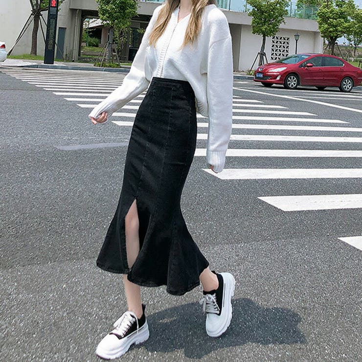 マーメイドスカートロングレディースボトムス春夏秋デニム可愛いスリット伸縮性デニムスカートタイトスカート黒抜け感ファスナーカジュアルシンプル無地ミモレ丈きれいめスタイルアップ美脚