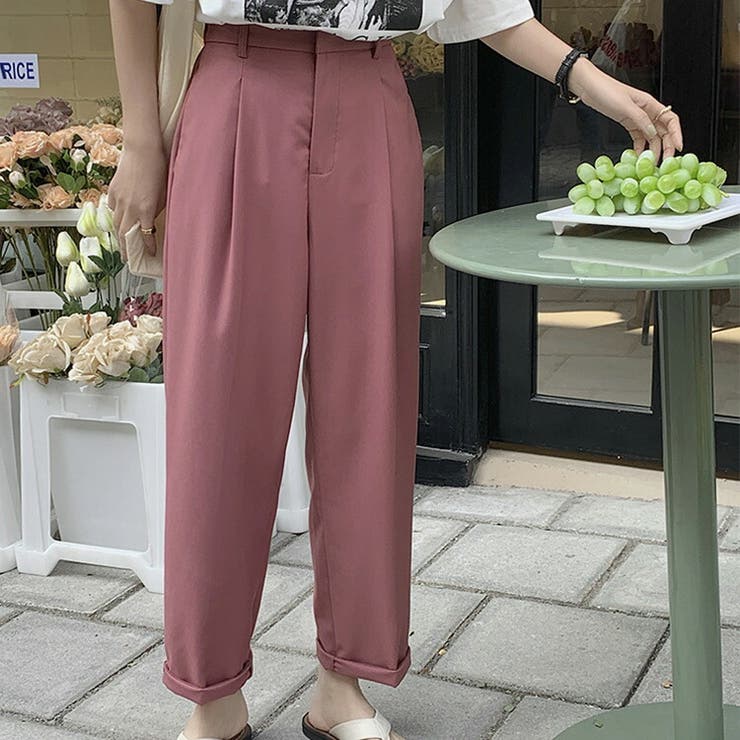 スラックスレディースストレートパンツ春夏秋ボトムスゆったり無地シンプル黒白きれいめカジュアルオフィス薄手ワンタックセンタープレス美脚効果ホックバックゴムサイドポケット