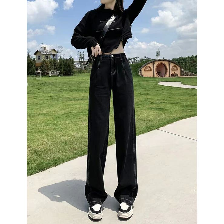 デニムパンツレディース大きいサイズストレートジーンズボトムス春秋カジュアルアメカジシンプル韓国ストリートおしゃれかわいい黒定番着回し普段着ラフ薄手ポケットバックポケット脚長効果ハイウエストフロントボタンベルトループ