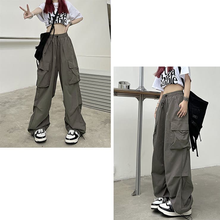 カーゴパンツレディースゆったりワイドルーズズボンボトムスおしゃれかわいい黒メンズライクシンプル無地楽動きやすい女性用春秋薄手10分丈サイドポケットスナップボタンウエストゴムドローコード調節作業着カジュアルストリート