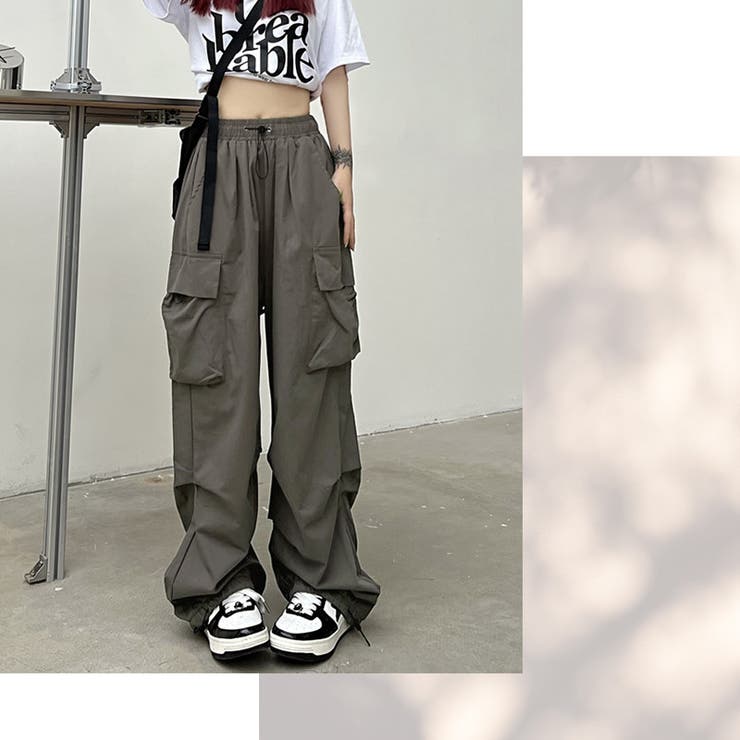 カーゴパンツレディースゆったりワイドルーズズボンボトムスおしゃれかわいい黒メンズライクシンプル無地楽動きやすい女性用春秋薄手10分丈サイドポケットスナップボタンウエストゴムドローコード調節作業着カジュアルストリート