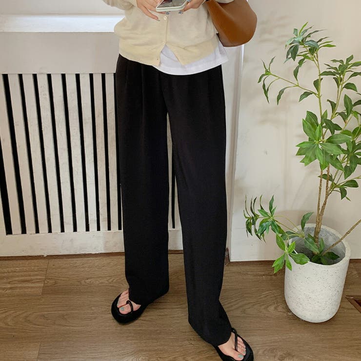【クーポンの利用で半額以下】スラックスレディースロングパンツボトムス春秋10分丈きれいめ薄手黒ストレートピンタックポケットフロントボタンウエストゴムバックゴムシンプル無地オフィスカジュアルフォーマル美シルエット