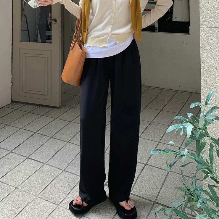 【クーポンの利用で半額以下】スラックスレディースロングパンツボトムス春秋10分丈きれいめ薄手黒ストレートピンタックポケットフロントボタンウエストゴムバックゴムシンプル無地オフィスカジュアルフォーマル美シルエット