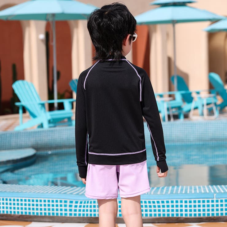 ラッシュガードキッズ長袖男の子女の子男女兼用水陸両用フードなしプチハイネック黒ライトアウター前開きジップアップフロントジッパージッパーカバー指穴サムホール110120130140150紫外線対策日焼け止め手の甲ネームタグ水泳無地ボタニカル柄