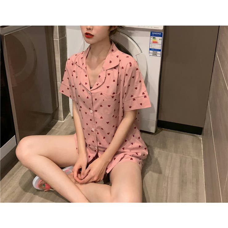 ルームウェアレディース夏半袖トップスパンツショーパン2点セットかわいいおしゃれパジャマ部屋着寝巻きゆったりリラックスカジュアルシンプルガーリー白ハート薄手ポケット付きウエストゴム前開きフロントボタンオープンカラーギフトプレゼント