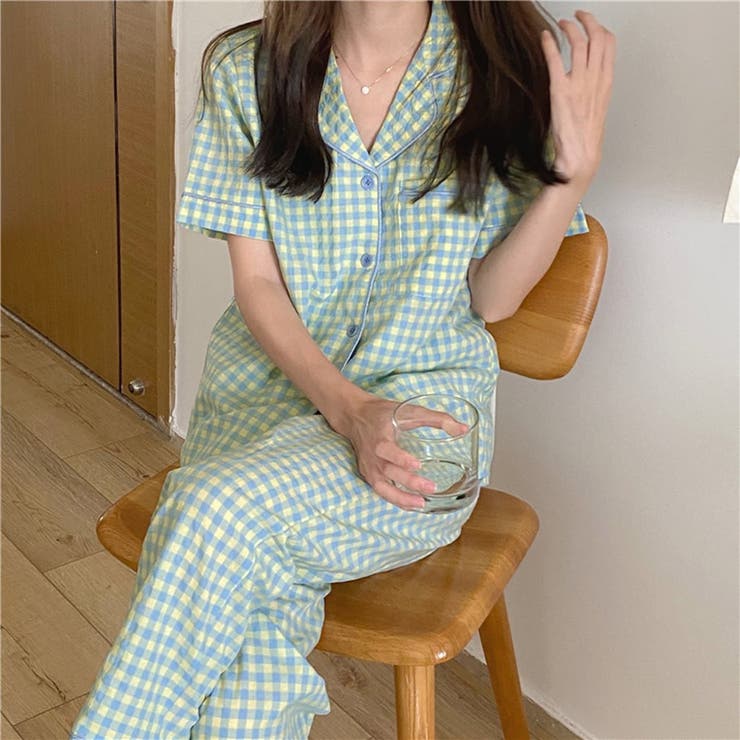 ルームウェア春夏レディース可愛いパジャマ上下セット半袖トップスパンツ2点セットギンガムチェックパステルカラーチェックパジャマ婦人デイリー部屋着寝巻き薄手ポケット付きゆったりウエストゴム前開きフロントボタンオープンカラーリラクシー
