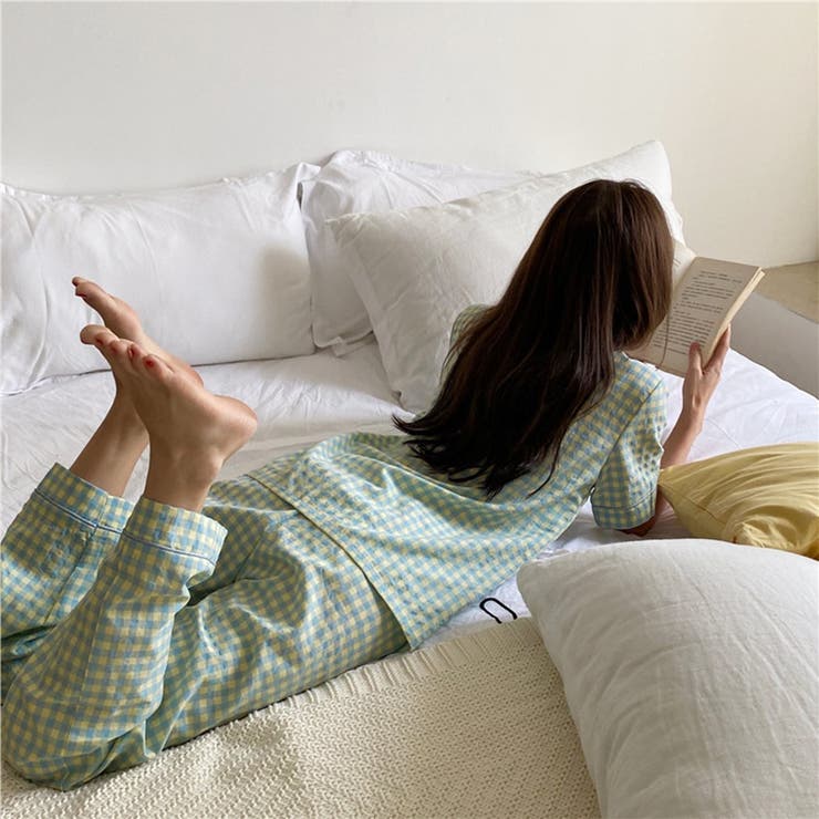 ルームウェア春夏レディース可愛いパジャマ上下セット半袖トップスパンツ2点セットギンガムチェックパステルカラーチェックパジャマ婦人デイリー部屋着寝巻き薄手ポケット付きゆったりウエストゴム前開きフロントボタンオープンカラーリラクシー