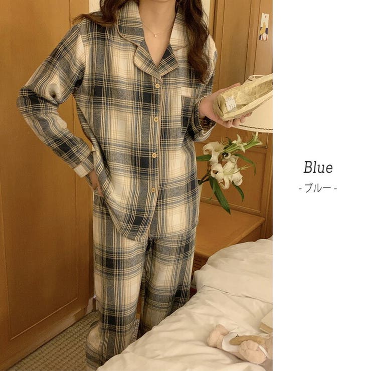 【クーポンの利用で半額以下】ルームウェアレディースおしゃれかわいいチェック春秋長袖トップスパンツズボンセットアップ2点セットカジュアルゆったり部屋着パジャマリラックスウェア前開きボタンパイピングライン胸ポケットウエストゴム