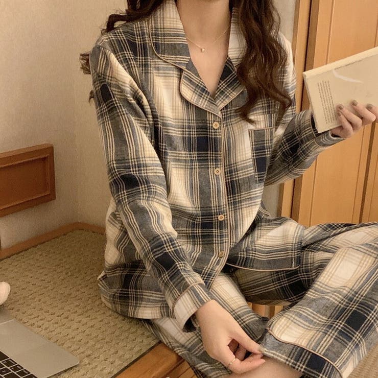【クーポンの利用で半額以下】ルームウェアレディースおしゃれかわいいチェック春秋長袖トップスパンツズボンセットアップ2点セットカジュアルゆったり部屋着パジャマリラックスウェア前開きボタンパイピングライン胸ポケットウエストゴム