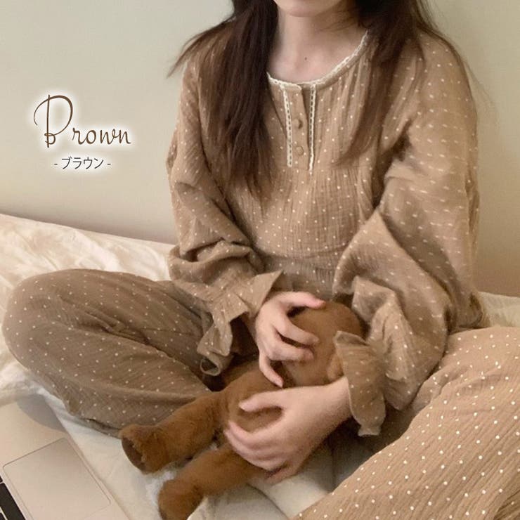 【クーポンの利用で半額以下】ルームウェアレディース春秋おしゃれかわいい長袖トップスパンツ上下セットセットアップ2点セットゆったり部屋着パジャマリラックスウェアヘンリーネックリップル生地凹凸ドット柄キャンディスリーブウエストゴムレトロ
