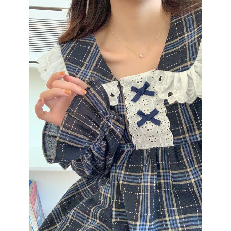 【クーポンの利用で半額以下】ルームウェアレディース春秋おしゃれかわいい長袖トップスパンツ上下セット2点セットゆったり部屋着パジャマビッグカラー刺?レースフリルリボンチェック切り替えティアードキャンディスリーブウエストゴムガーリー