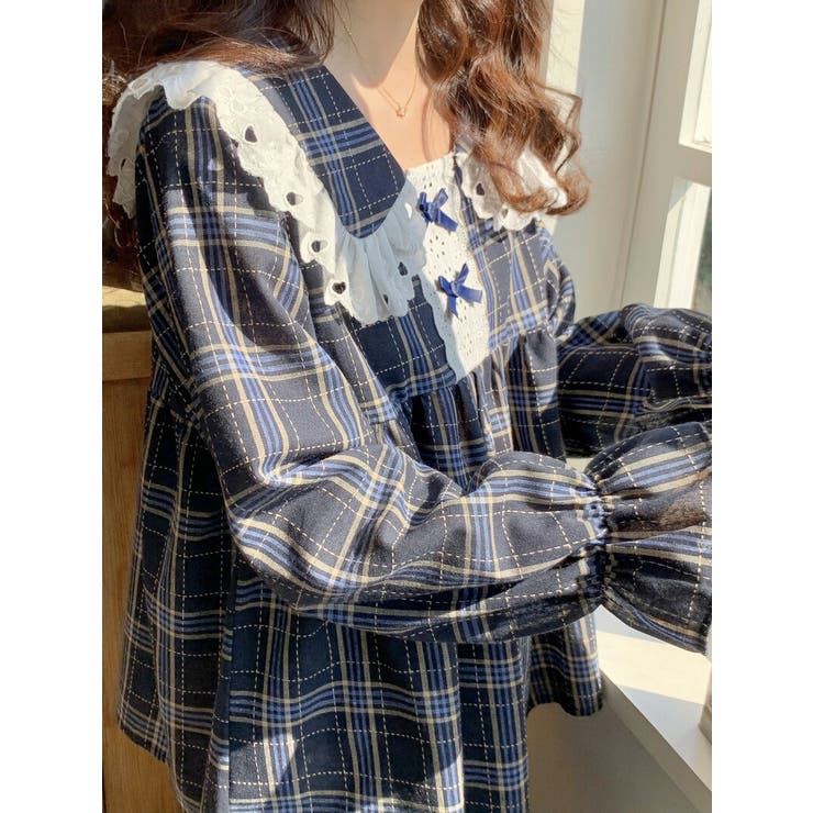【クーポンの利用で半額以下】ルームウェアレディース春秋おしゃれかわいい長袖トップスパンツ上下セット2点セットゆったり部屋着パジャマビッグカラー刺?レースフリルリボンチェック切り替えティアードキャンディスリーブウエストゴムガーリー