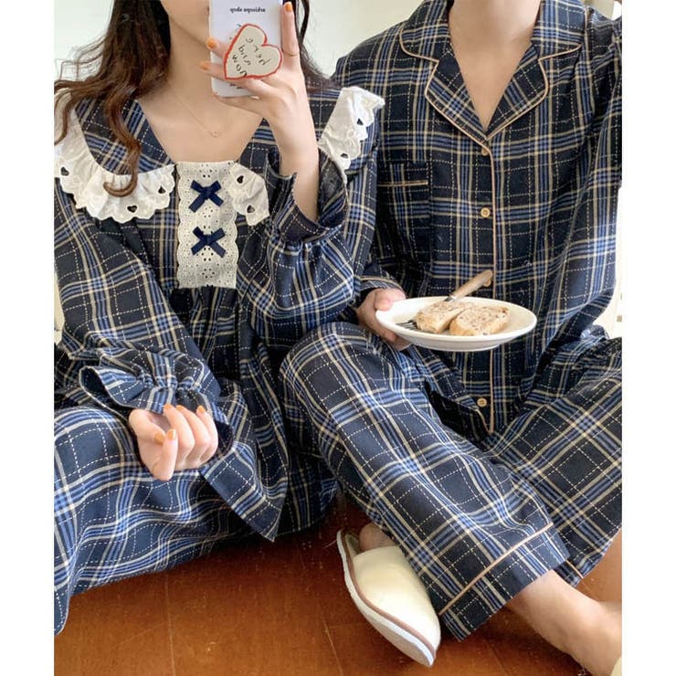 【クーポンの利用で半額以下】ルームウェアレディース春秋おしゃれかわいい長袖トップスパンツ上下セット2点セットゆったり部屋着パジャマビッグカラー刺?レースフリルリボンチェック切り替えティアードキャンディスリーブウエストゴムガーリー