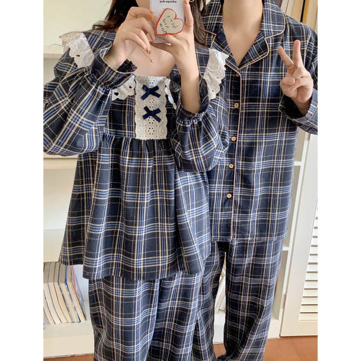 【クーポンの利用で半額以下】ルームウェアレディース春秋おしゃれかわいい長袖トップスパンツ上下セット2点セットゆったり部屋着パジャマビッグカラー刺?レースフリルリボンチェック切り替えティアードキャンディスリーブウエストゴムガーリー