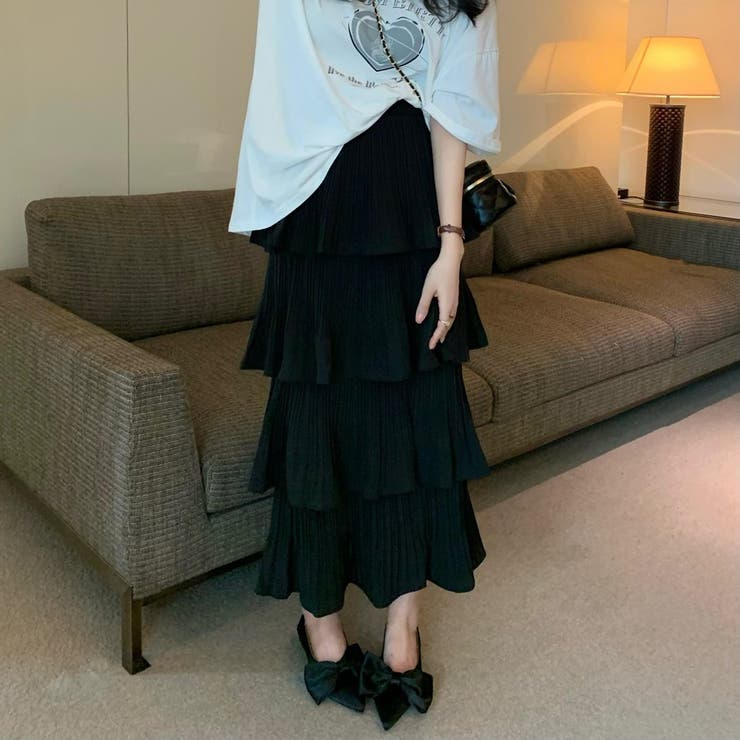 【クーポンの利用で半額以下】ティアードスカートプリーツレディースボトムス春夏かわいいおしゃれロングスカートAラインマキシスカート黒白薄手無地シンプルボリューム4段フリル透け感ウエストゴムベースのみストレッチガーリー上品デート