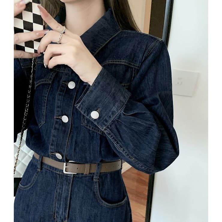 【クーポン利用で4,380円】ワンピースデニムレディース春秋冬シャツワンピ長袖トップス無地シンプルカジュアルレトロ可愛いオシャレゆったりファスナースタンドカラーAラインスカートベルトループ