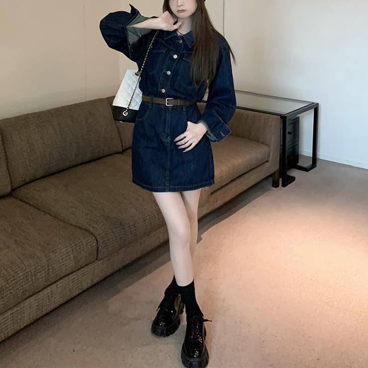 【クーポン利用で4,380円】ワンピースデニムレディース春秋冬シャツワンピ長袖トップス無地シンプルカジュアルレトロ可愛いオシャレゆったりファスナースタンドカラーAラインスカートベルトループ