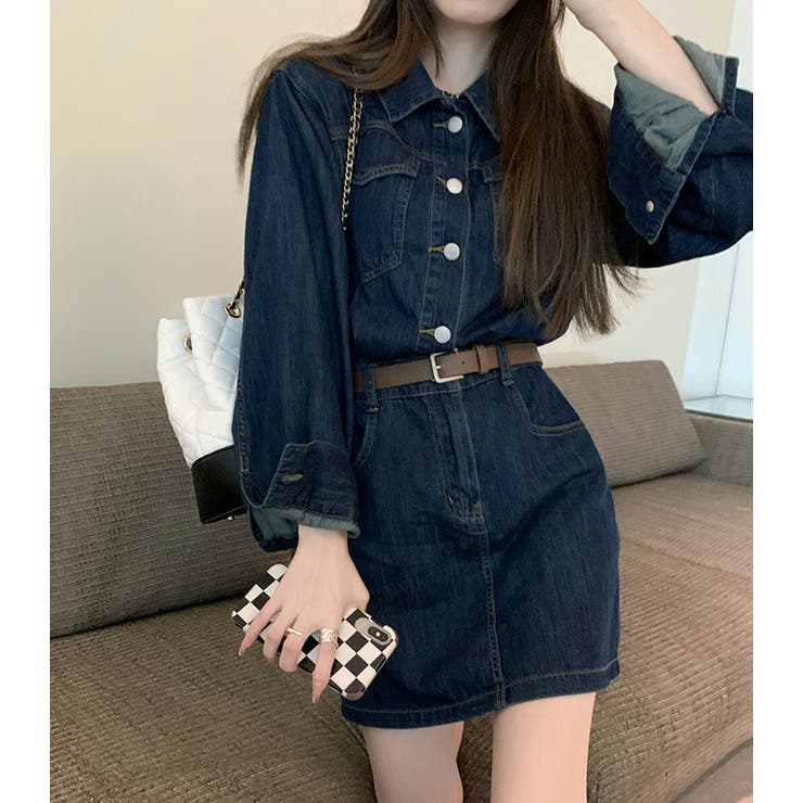 【クーポン利用で4,380円】ワンピースデニムレディース春秋冬シャツワンピ長袖トップス無地シンプルカジュアルレトロ可愛いオシャレゆったりファスナースタンドカラーAラインスカートベルトループ
