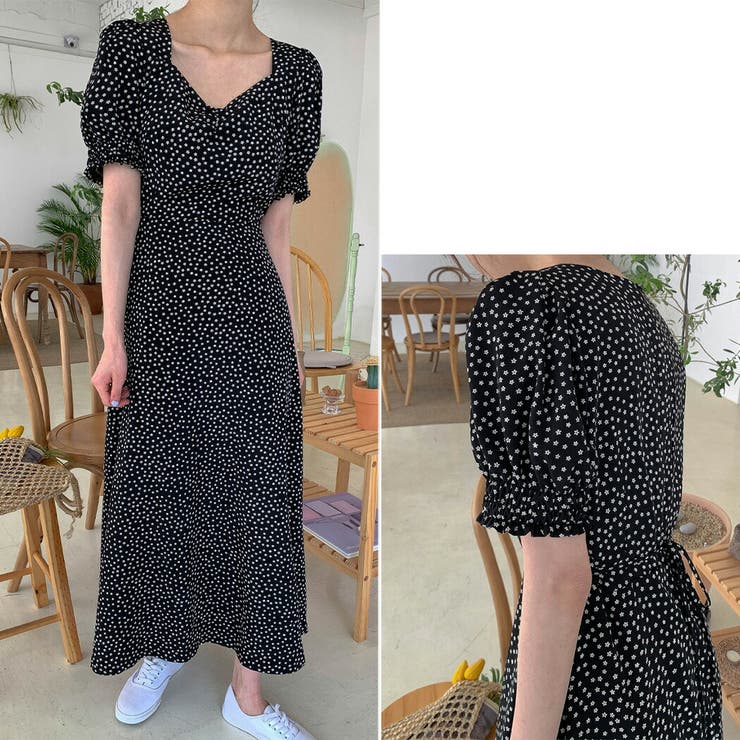 【クーポン利用で2,580円！】ワンピースレディーストップス半袖ロング丈マキシ丈春夏可愛いお洒落黒薄手小花柄ペンタゴンネックパフスリーブウエストリボン着回しカジュアルガーリーフェミニンレトロお出掛けデート