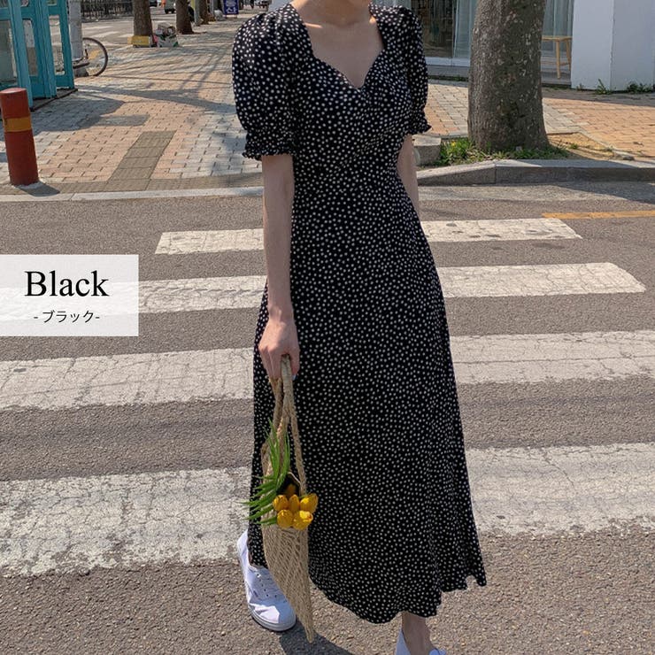 【クーポン利用で2,580円！】ワンピースレディーストップス半袖ロング丈マキシ丈春夏可愛いお洒落黒薄手小花柄ペンタゴンネックパフスリーブウエストリボン着回しカジュアルガーリーフェミニンレトロお出掛けデート