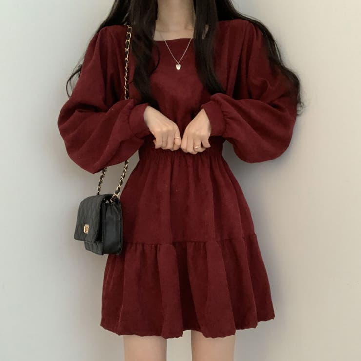 【クーポン利用で3,380円！】ワンピースレディースおしゃれかわいいきれいめ長袖Aライン春秋黒フレア薄手裏地付きラウンドネックパフスリーブウエストマークウエストゴムスタイルアップ美シルエット定番着回しカジュアルガーリーフェミニンレトロ