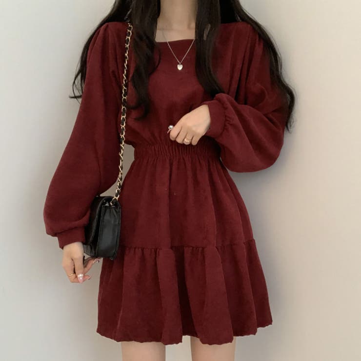 【クーポン利用で3,380円！】ワンピースレディースおしゃれかわいいきれいめ長袖Aライン春秋黒フレア薄手裏地付きラウンドネックパフスリーブウエストマークウエストゴムスタイルアップ美シルエット定番着回しカジュアルガーリーフェミニンレトロ