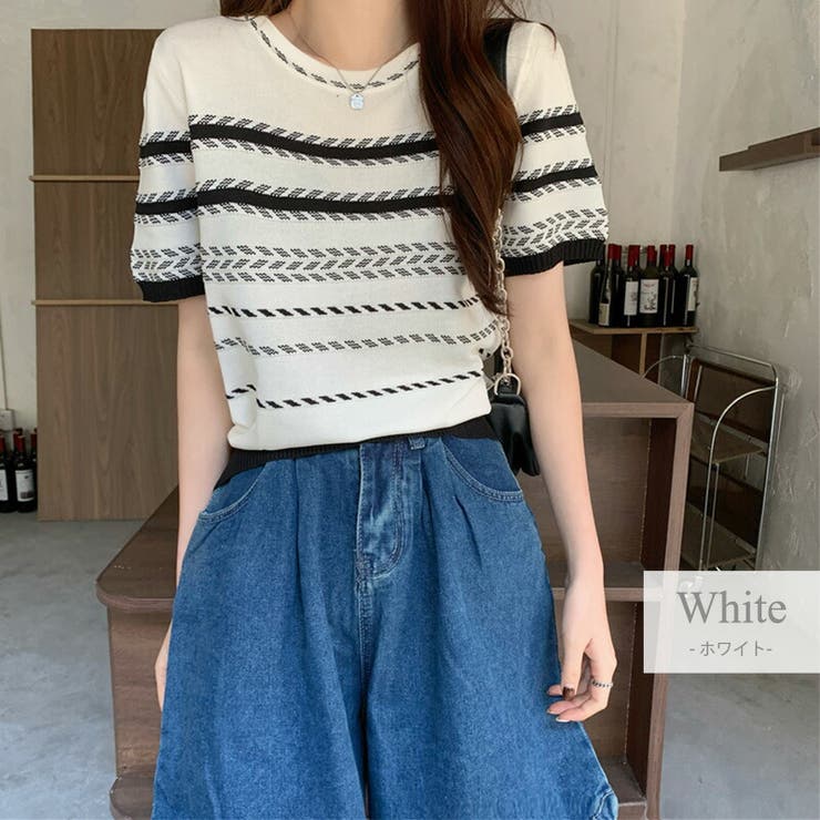 サマーニット半袖レディーストップスおしゃれかわいい夏黒白柔らかいインナーきれいめゆったりプルオーバークルーネックボーダー立体薄手伸縮性ストレッチ透けリブ袖裾着回しカジュアルモードワンマイルウェア