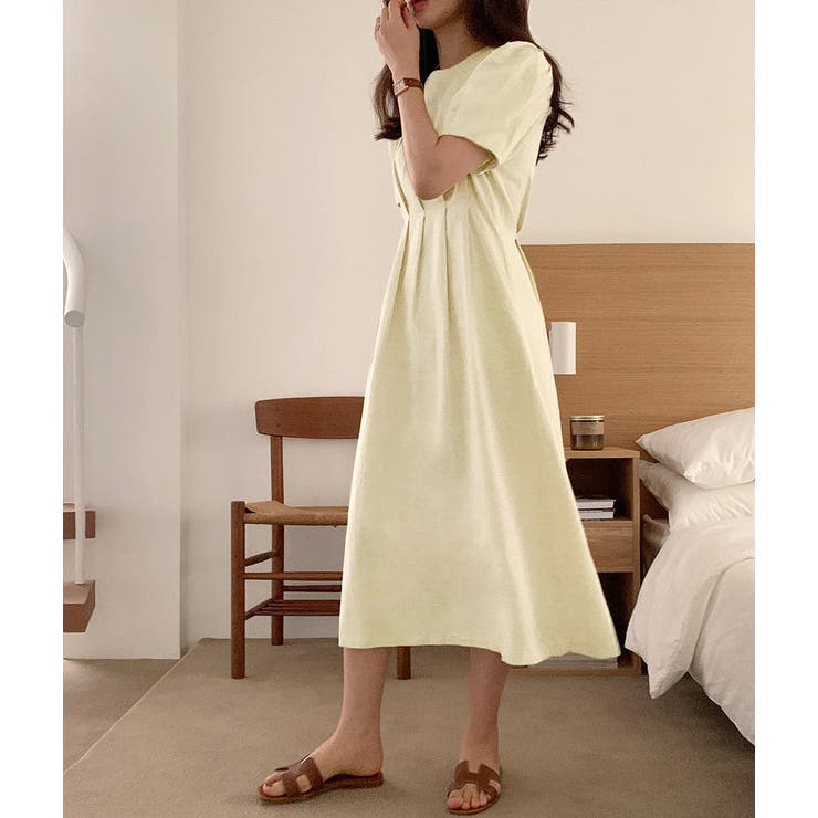 ワンピースレディース半袖きれいめ夏お出かけおしゃれかわいい透け感薄手Aライン細見えロングワンピースパフスリーブミモレ丈ナチュラルフェミニンガーリークルーネックラウンドネックバックリボンバックシャンバックファスナーデート普段着