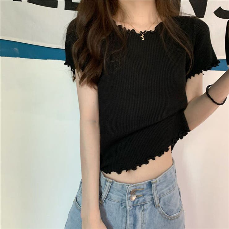 Tシャツレディース半袖メロウフリルトップスリブ素材おしゃれかわいい夏白黒きれいめ無地ミディ丈クルーネックラウンドネックシャツスリーブ薄手伸縮性ぴったりフィットシンプルナチュラルフェミニン普段使い通勤通学
