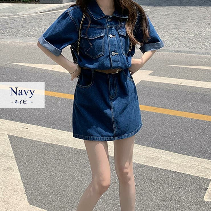 ワンピースデニムレディース半袖韓国ファッション春夏秋シャツワンピデニムワンピミニ丈膝上無地シンプルカジュアルガーリーレトロおしゃれかわいいスタンダードカラードロップショルダーポケットベルトループウエストマーク