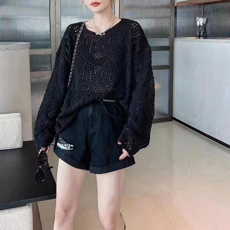 ブラック】透かし編み ニット セーター[品番：TY000007374]｜teddyshop