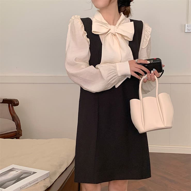 ブラウスボウタイワンピースセットアップレディース秋春おしゃれかわいいきれいめパフスリーブ長袖白黒トップスシャツジャンパースカートミニ2点セット透け感フリルぽわん袖肩リボンセンターボックスガーリーエレガント上品レトロ薄手着回し