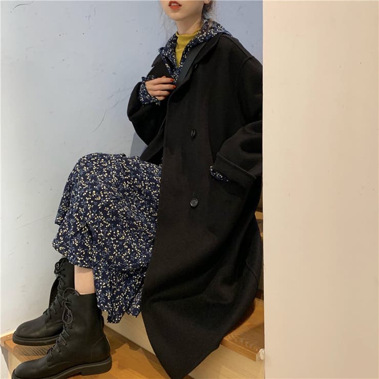 【クーポンの利用で半額以下】チェスターコートレディース秋冬アウターロングかわいい黒白シンプルゆったり厚手防寒羽織メルトン風ダブルボタン前開きフロントボタンポケットドロップショルダー裏地付きカジュアルフォーマル普段着着回し通勤通学