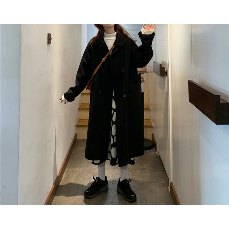 【クーポンの利用で半額以下】チェスターコートレディース秋冬アウターロングかわいい黒白シンプルゆったり厚手防寒羽織メルトン風ダブルボタン前開きフロントボタンポケットドロップショルダー裏地付きカジュアルフォーマル普段着着回し通勤通学