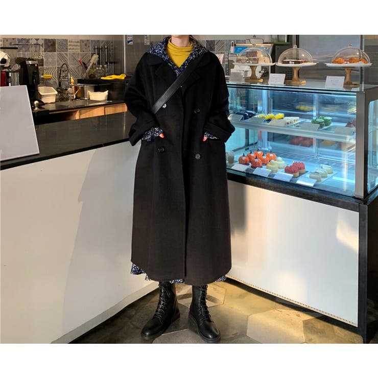【クーポンの利用で半額以下】チェスターコートレディース秋冬アウターロングかわいい黒白シンプルゆったり厚手防寒羽織メルトン風ダブルボタン前開きフロントボタンポケットドロップショルダー裏地付きカジュアルフォーマル普段着着回し通勤通学