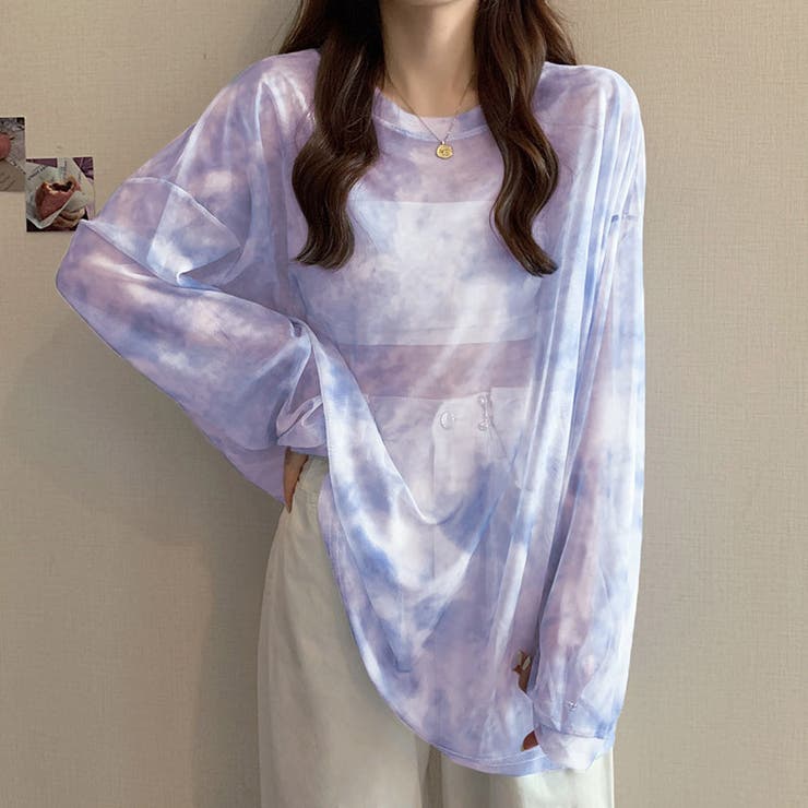 【クーポンの利用で半額以下】シャツ長袖レディーストップスカットソー春夏TシャツロンTチュニックセクシータイダイ柄シースルー透け感大きいサイズビッグシルエットオーバーサイズドロップショルダーラウンドネックシフォン生地やわらかいトレンド