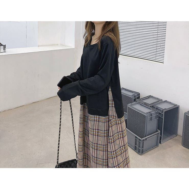 ワンピースレディース春秋かわいいフレア異素材ワンピース無地シンプルゆったりドッキングワンピース切り替えレイヤード風クルーネックガーリースウェット上スリットグレンチェック風デイリー普段使い着回しストレートカフステントラインシルエット