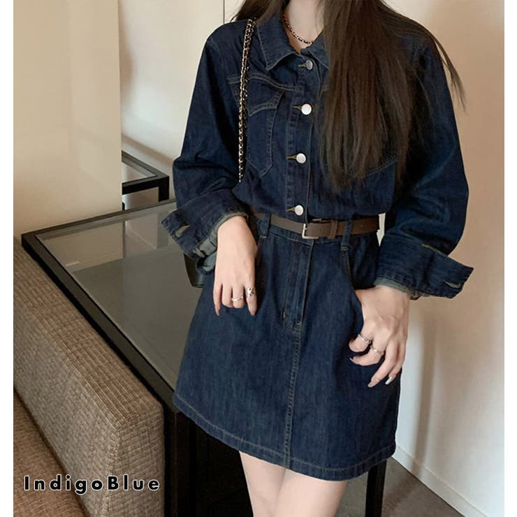 【クーポン利用で4,380円】ワンピースデニムレディース春秋冬シャツワンピ長袖トップス無地シンプルカジュアルレトロ可愛いオシャレゆったりファスナースタンドカラーAラインスカートベルトループ