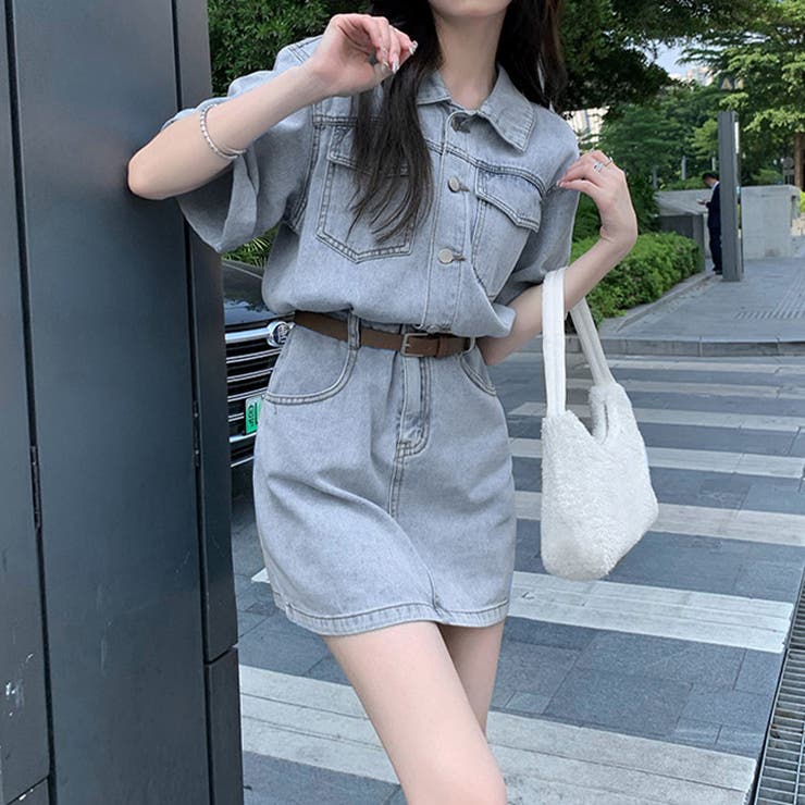 ワンピースデニムレディース半袖韓国ファッション春夏秋シャツワンピデニムワンピミニ丈膝上無地シンプルカジュアルガーリーレトロおしゃれかわいいスタンダードカラードロップショルダーポケットベルトループウエストマーク