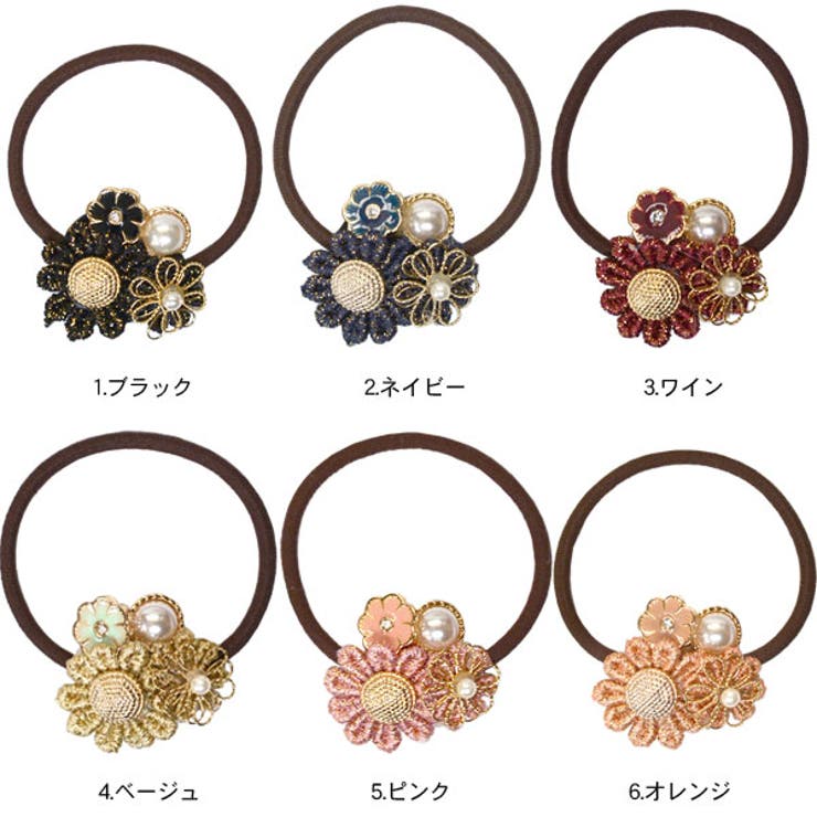 ピンクビジュー刺繍ヘアゴム （パール＆ビジューラインストーン付き 